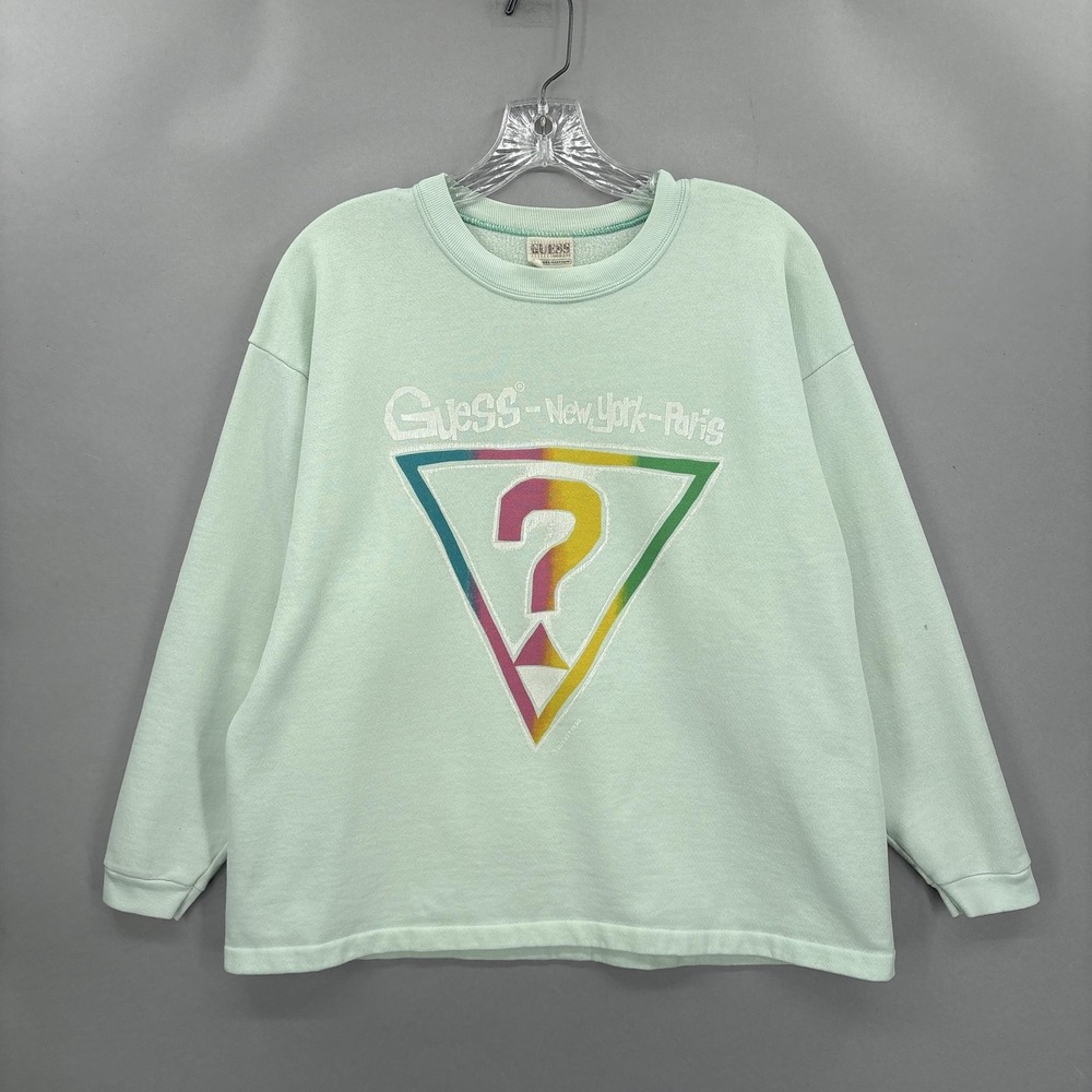 Vintage Guess Sweatshirt Womens Green Triangle Logo Pullover 80s‎ 90s Made USA